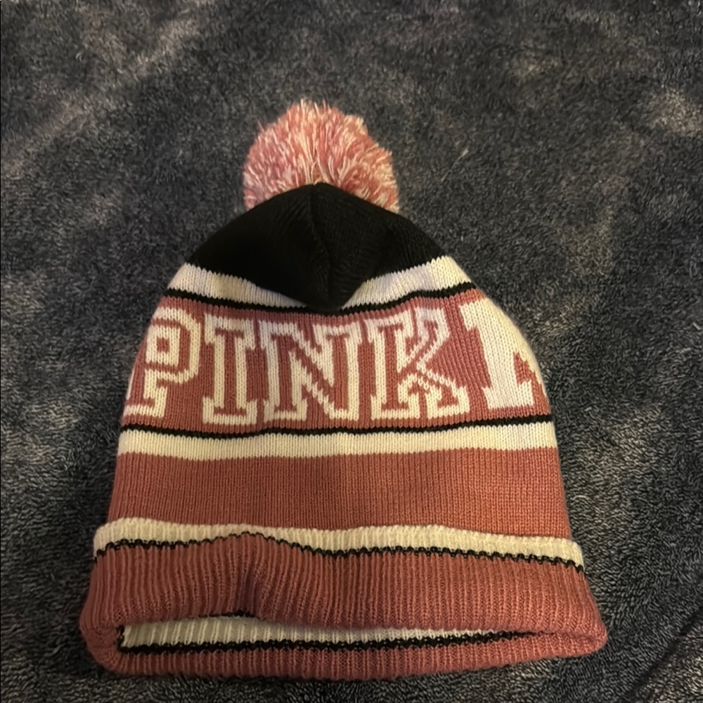 PINK Victoria's Secret Black and Pink Knit Pom-Pom Hat